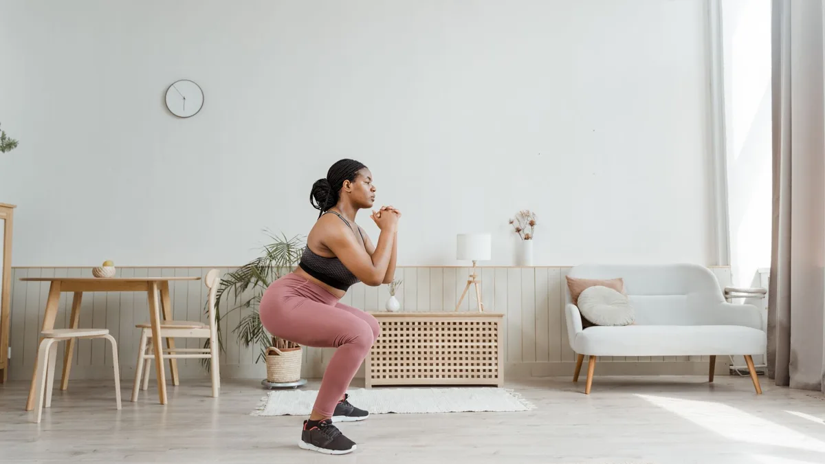 Femme en tenue de sport qui réalise un squat dans un salon